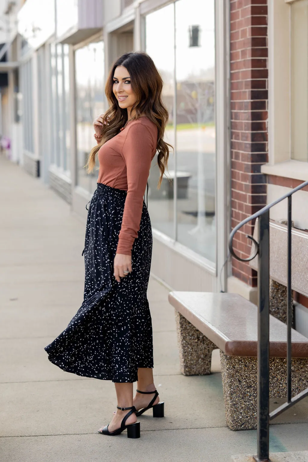 Speckled Ruffle Bottom Maxi Skirt