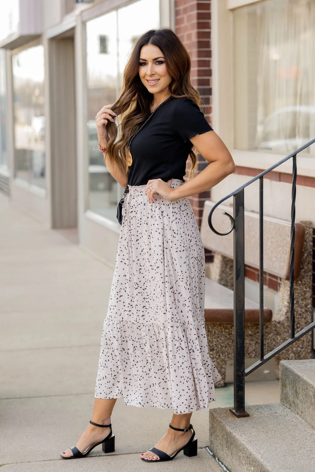 Speckled Ruffle Bottom Maxi Skirt