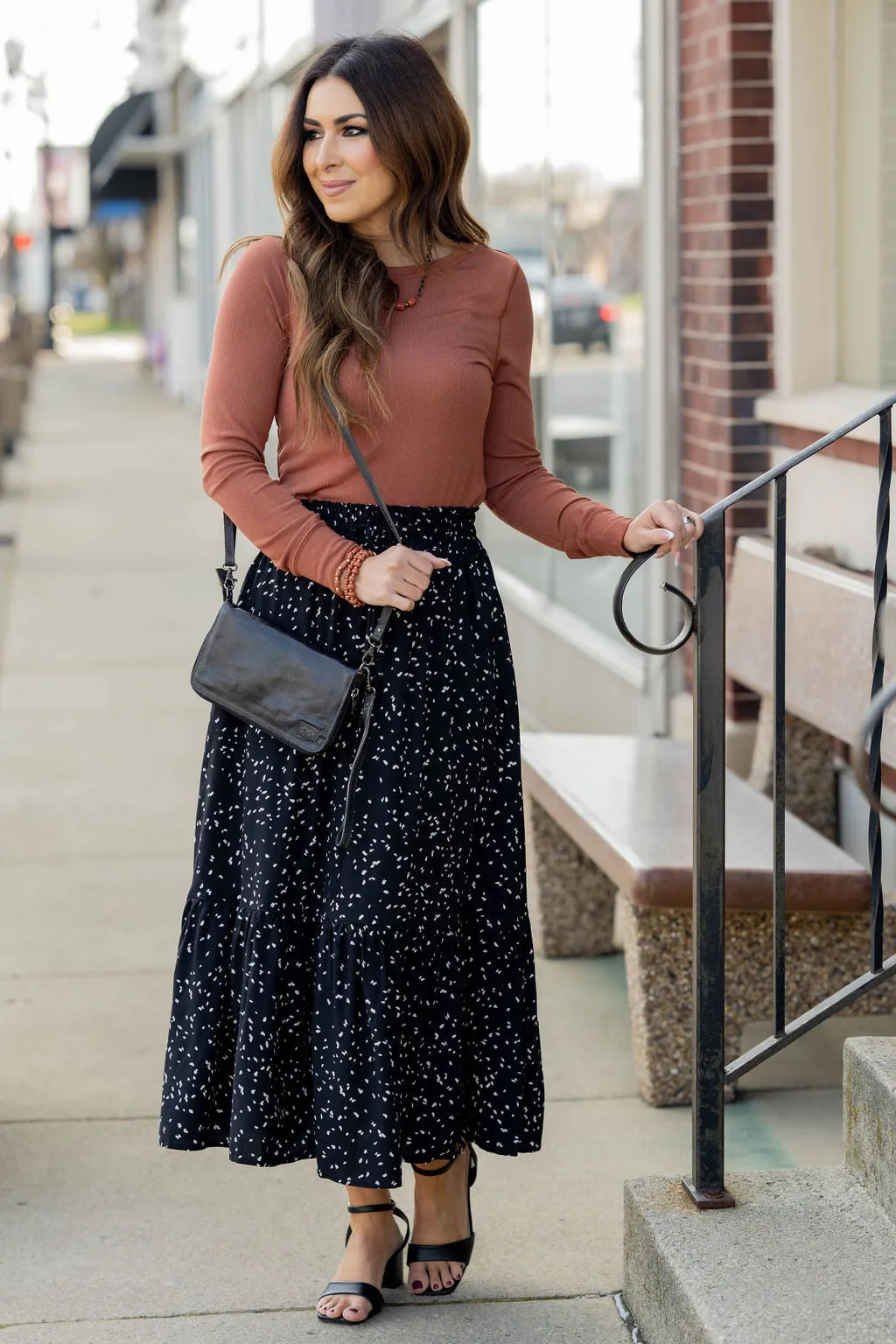 Speckled Ruffle Bottom Maxi Skirt