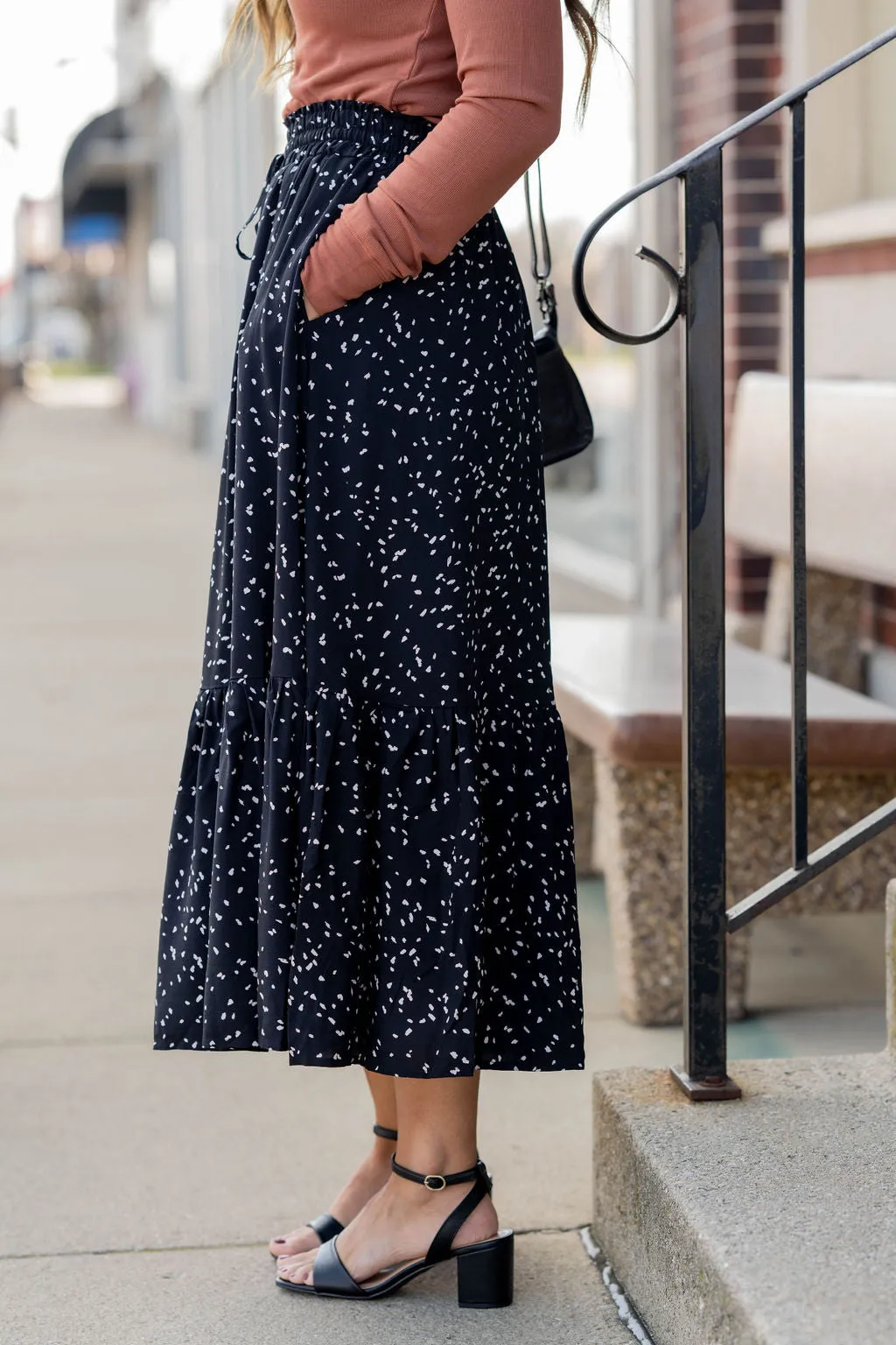 Speckled Ruffle Bottom Maxi Skirt