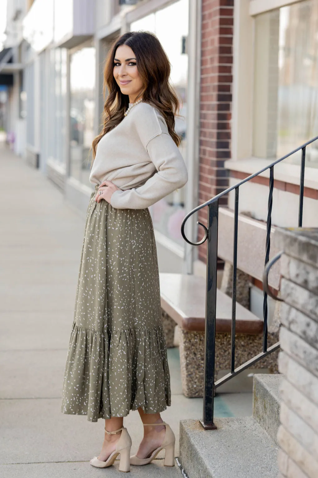 Speckled Ruffle Bottom Maxi Skirt