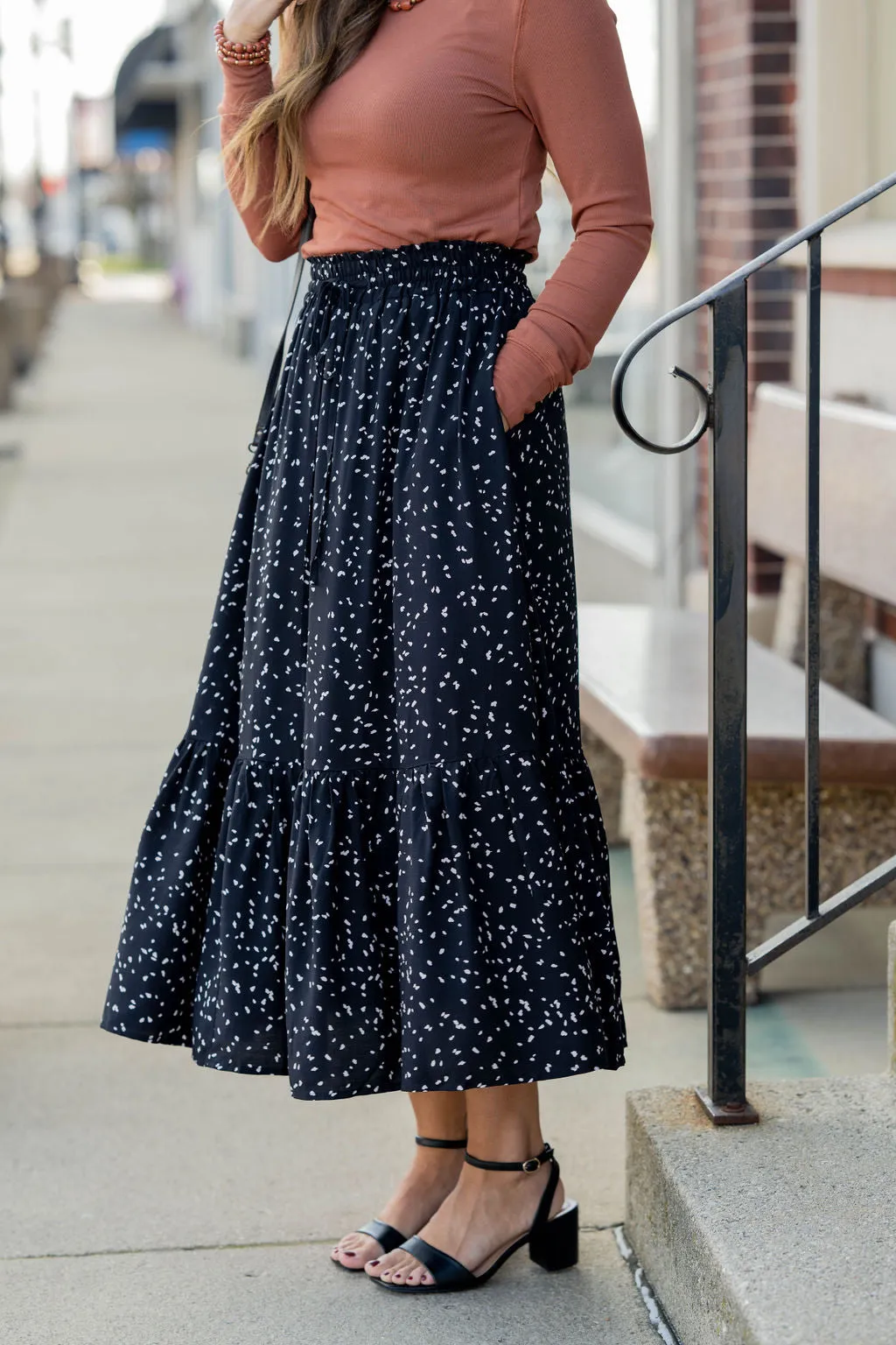 Speckled Ruffle Bottom Maxi Skirt