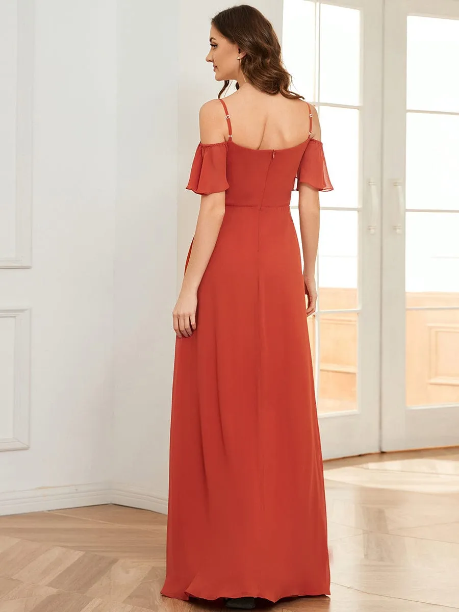 Stylish Cold Shoulder Flare Sleeves Flowy Bridesmaid Dress