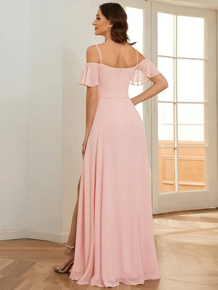 Stylish Cold Shoulder Flare Sleeves Flowy Bridesmaid Dress