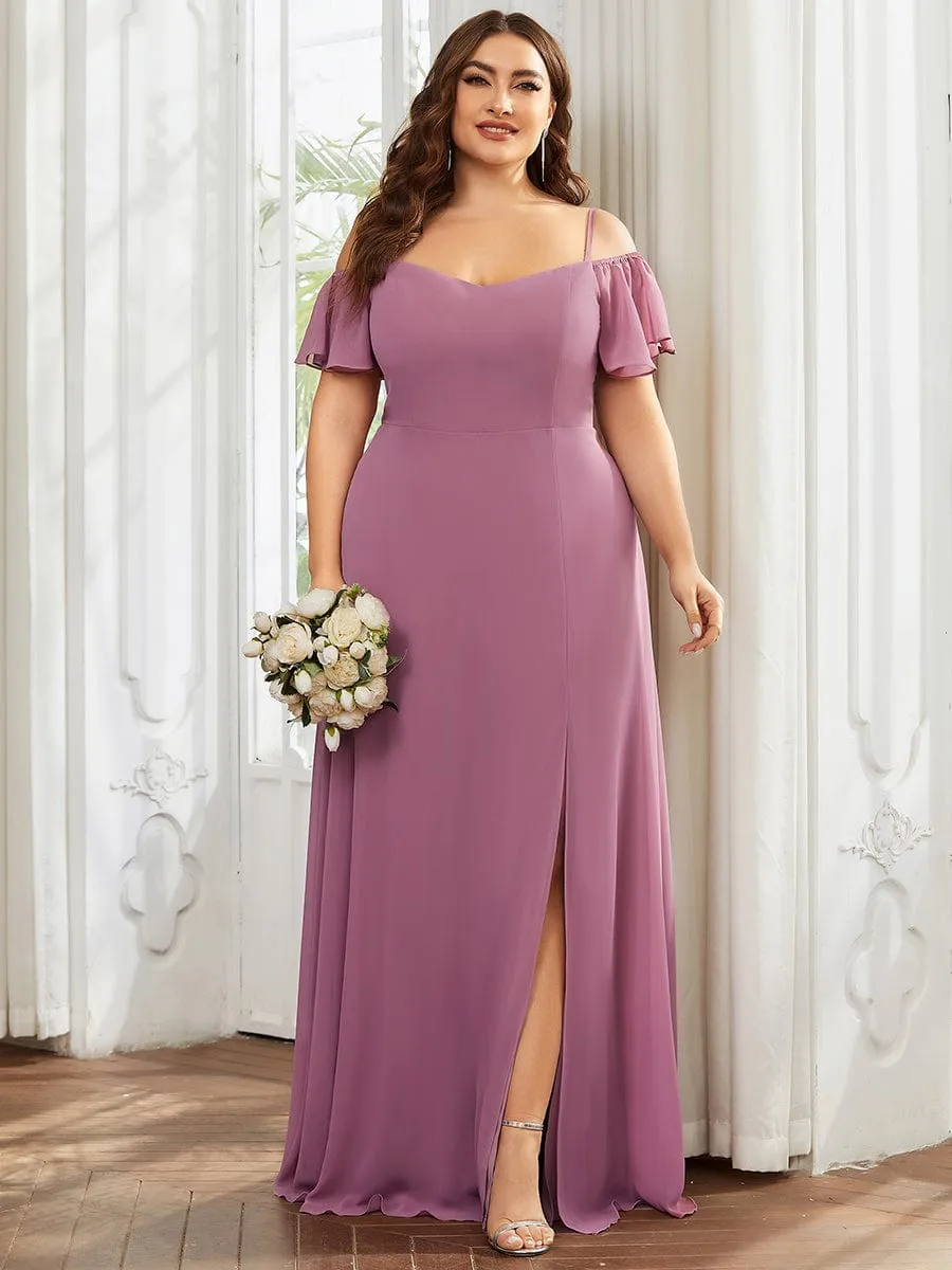 Stylish Cold Shoulder Flare Sleeves Flowy Bridesmaid Dress