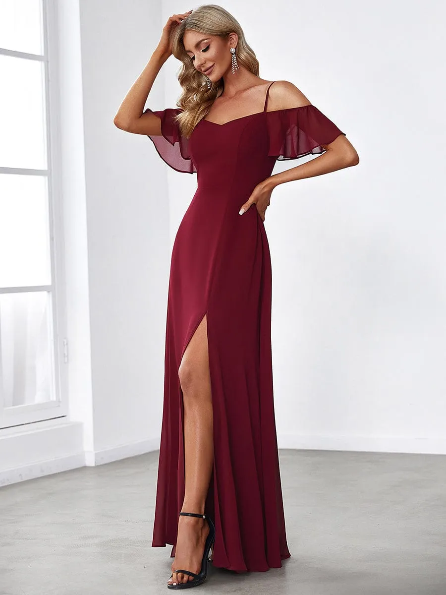 Stylish Cold Shoulder Flare Sleeves Flowy Bridesmaid Dress