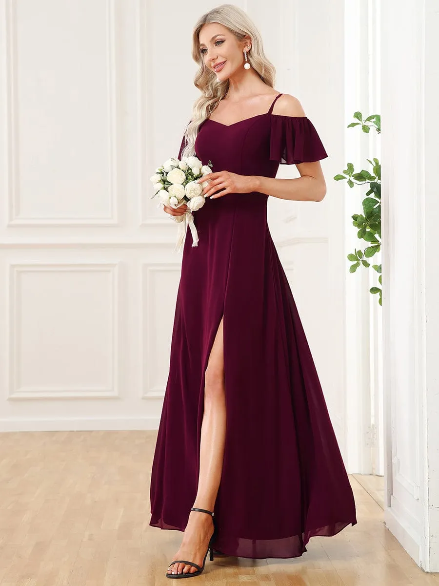 Stylish Cold Shoulder Flare Sleeves Flowy Bridesmaid Dress