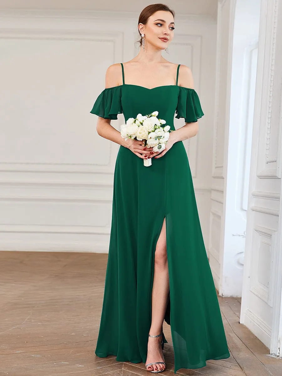 Stylish Cold Shoulder Flare Sleeves Flowy Bridesmaid Dress