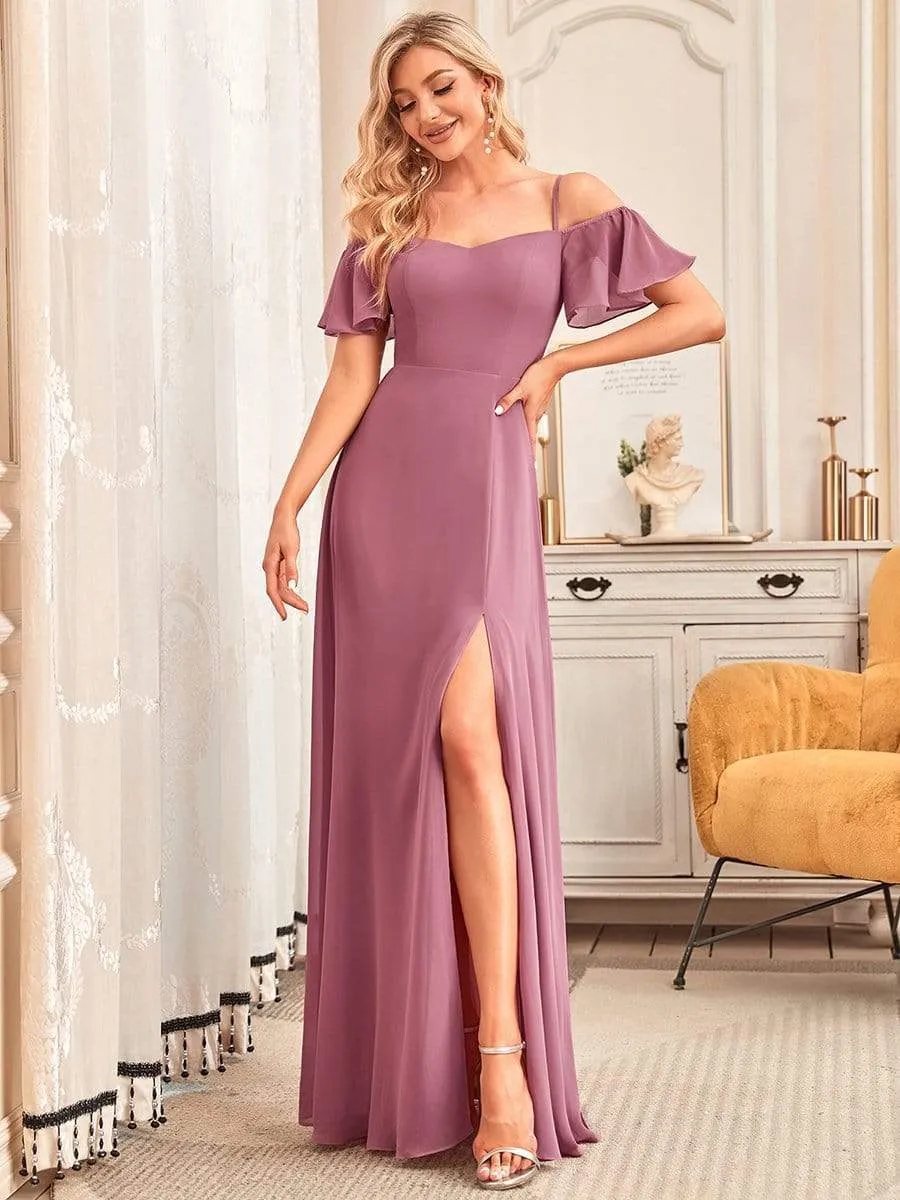 Stylish Cold Shoulder Flare Sleeves Flowy Bridesmaid Dress