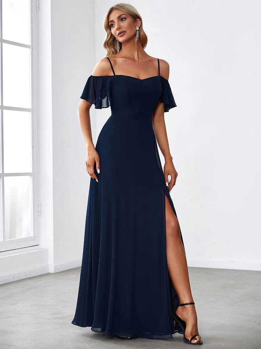 Stylish Cold Shoulder Flare Sleeves Flowy Bridesmaid Dress