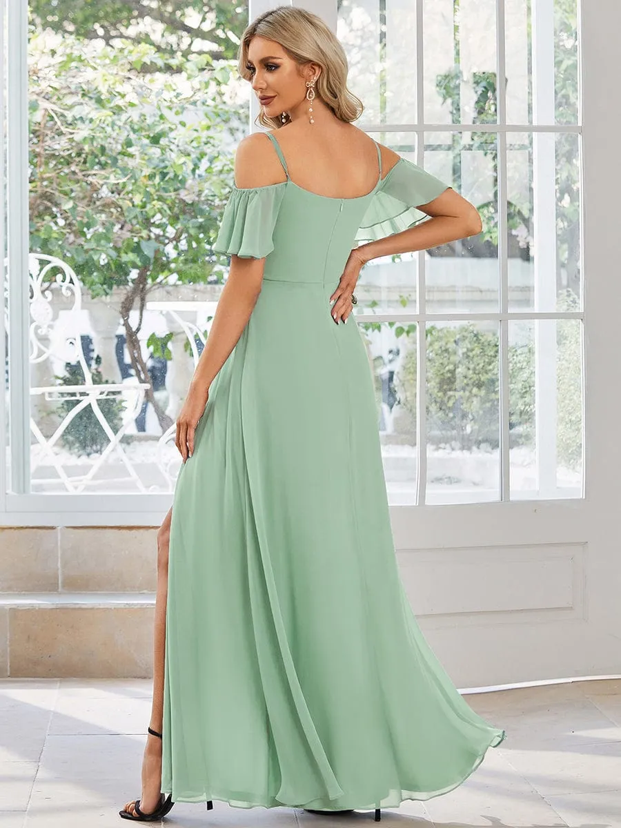 Stylish Cold Shoulder Flare Sleeves Flowy Bridesmaid Dress