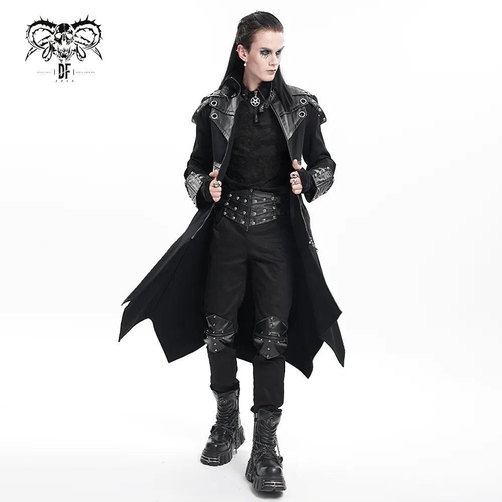 Stylish Gothic Trench Coat with Synthetic Leather Panels