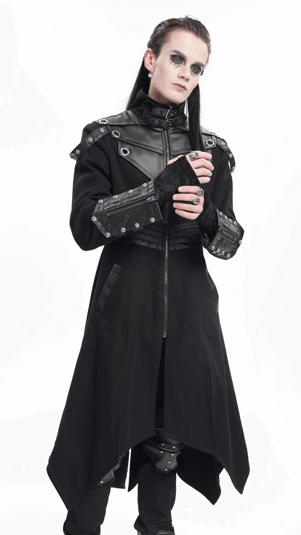 Stylish Gothic Trench Coat with Synthetic Leather Panels