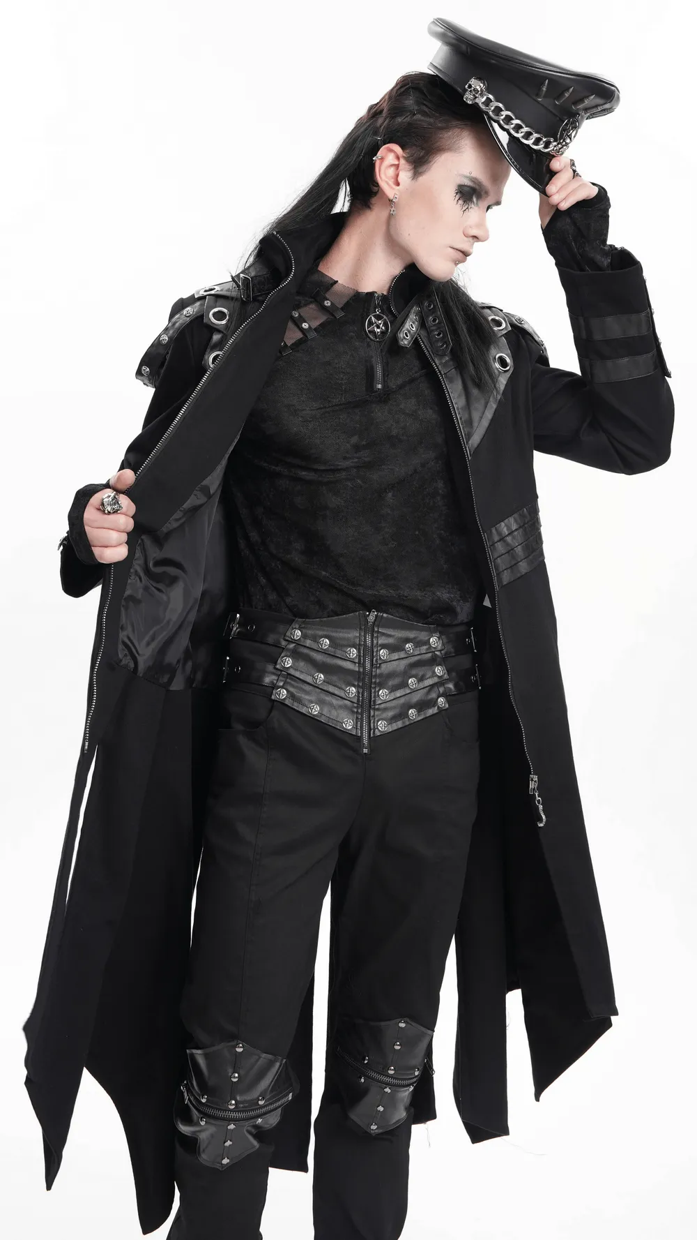 Stylish Gothic Trench Coat with Synthetic Leather Panels