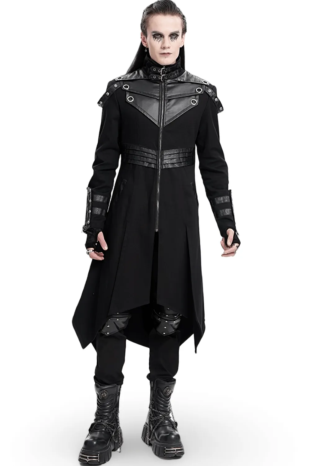 Stylish Gothic Trench Coat with Synthetic Leather Panels