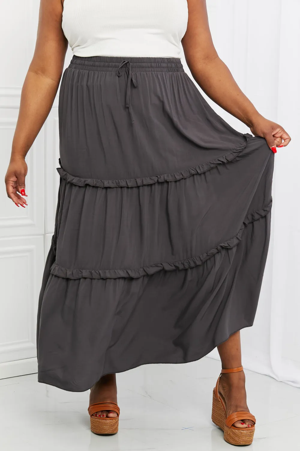 Summer Days Full Size Ruffled Maxi Skirt in Ash Grey