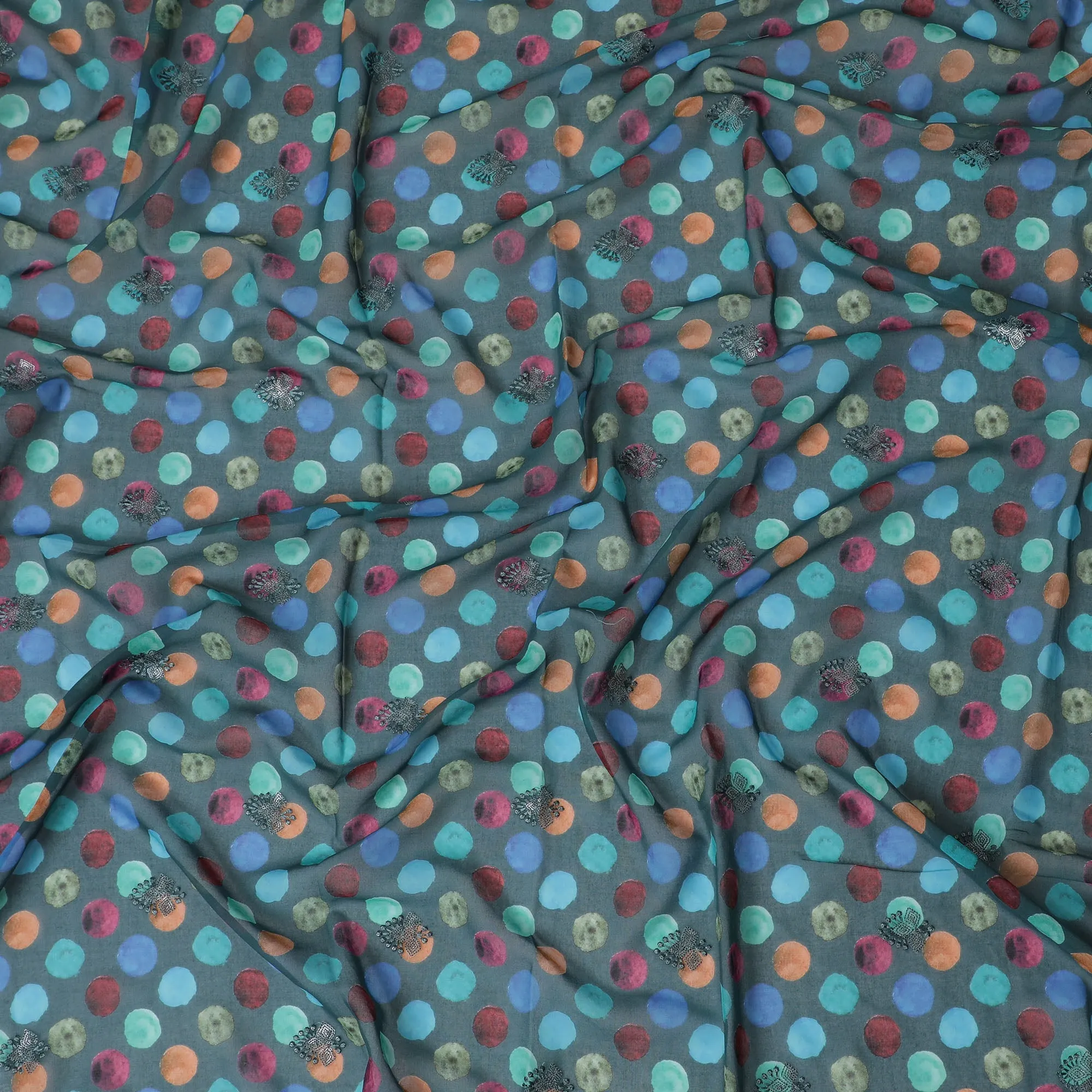 Teal Premium Cotton Voile Fabric with Multicolor Polka Dots - Traditional Thobe Material, 140 cm Wide-D20222