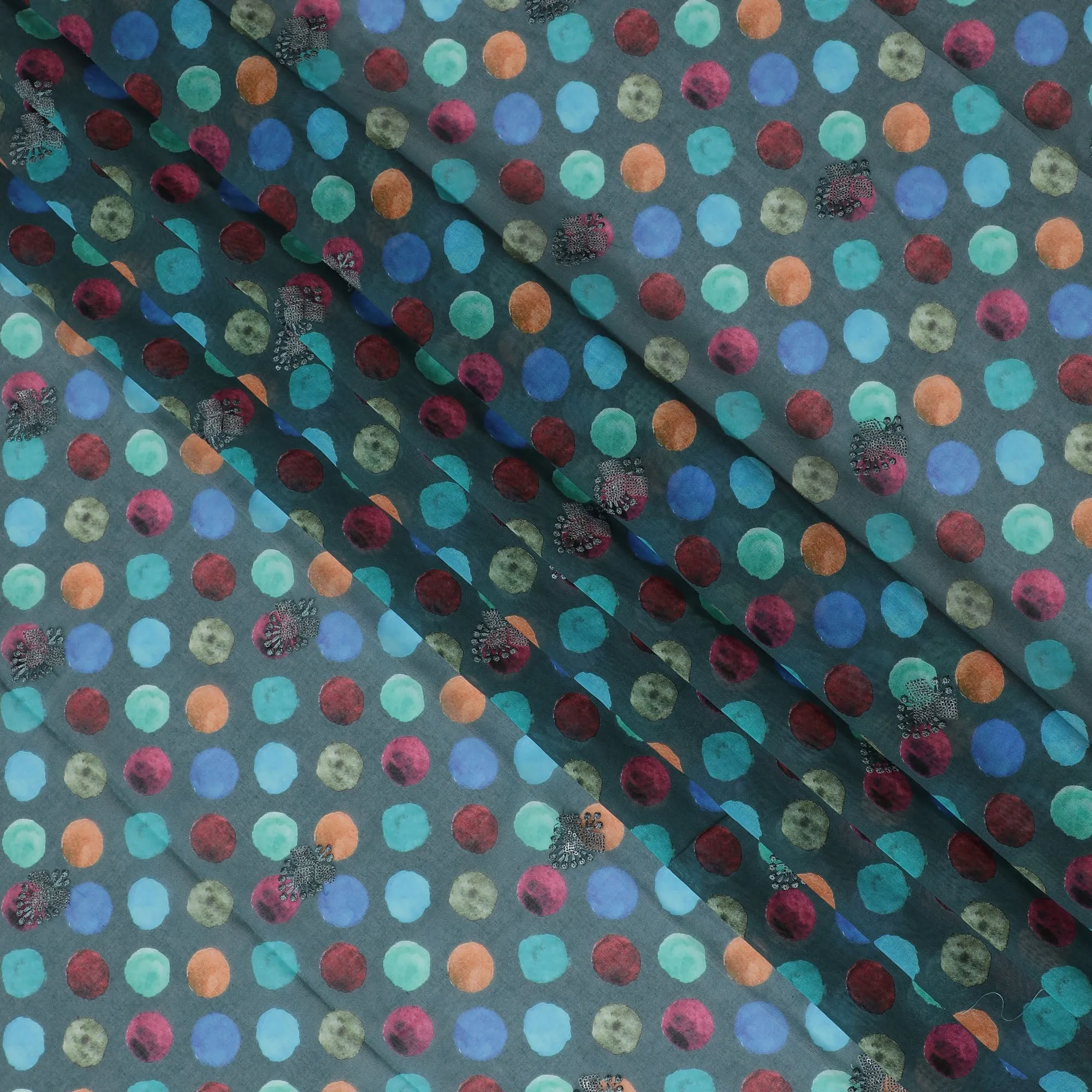 Teal Premium Cotton Voile Fabric with Multicolor Polka Dots - Traditional Thobe Material, 140 cm Wide-D20222