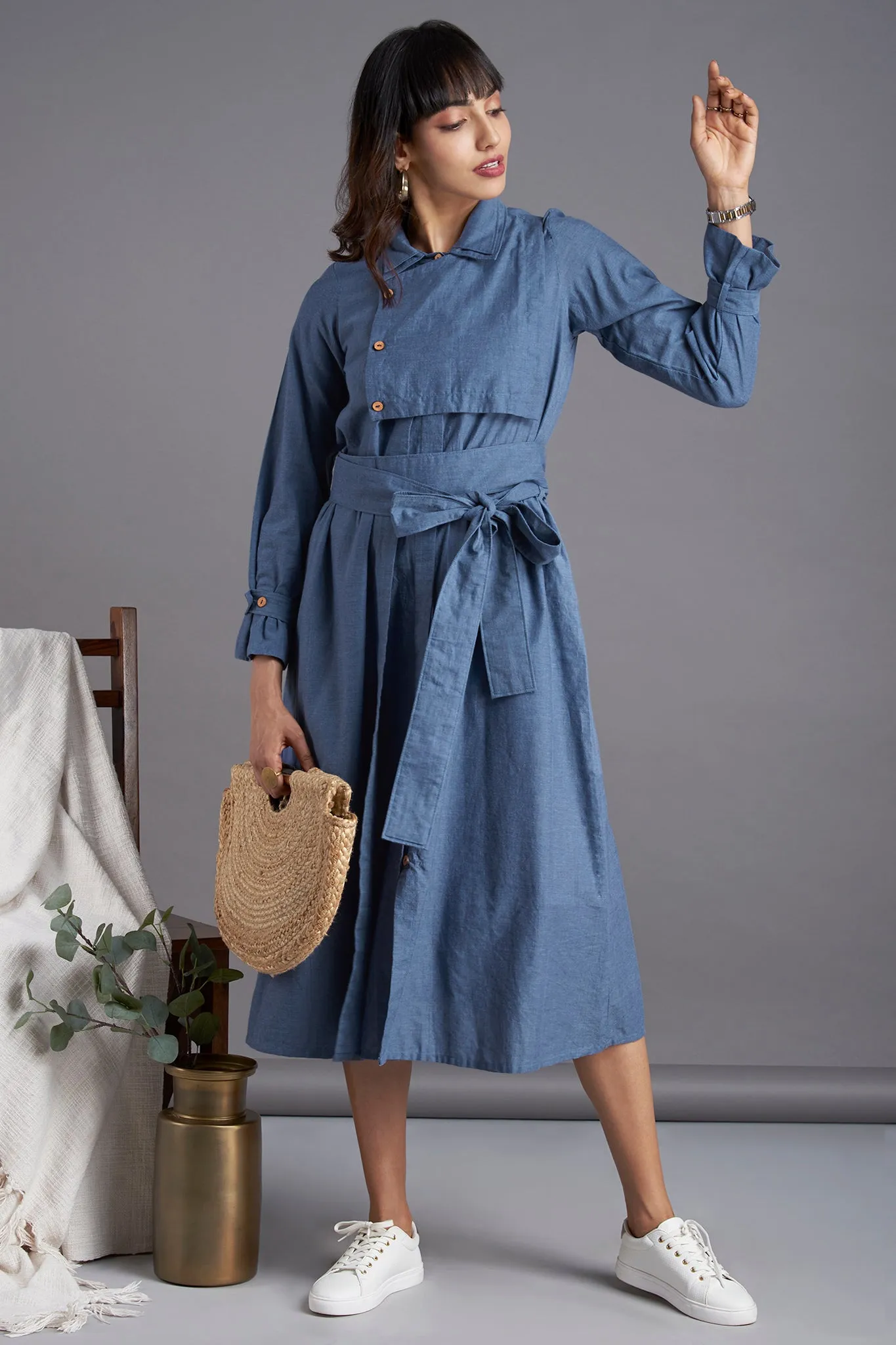 trench coat belt dress - chambray blue & misty surf