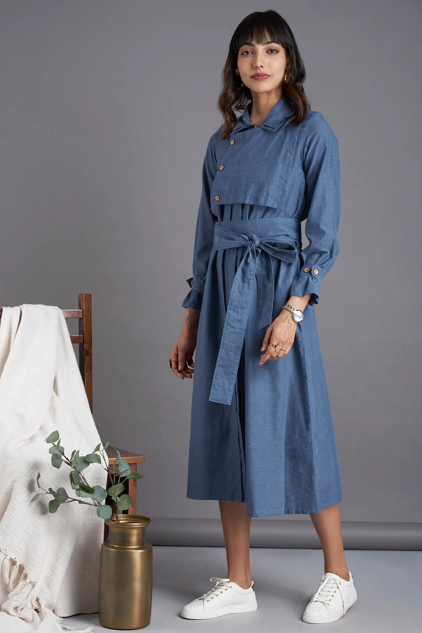 trench coat belt dress - chambray blue & misty surf