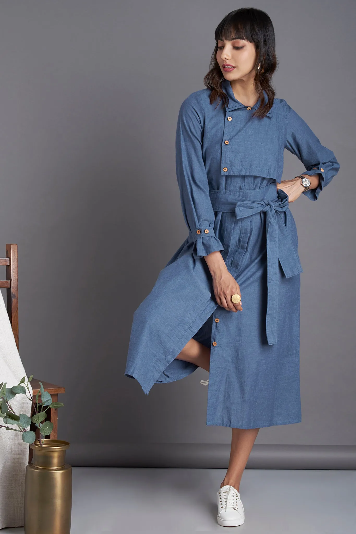 trench coat belt dress - chambray blue & misty surf