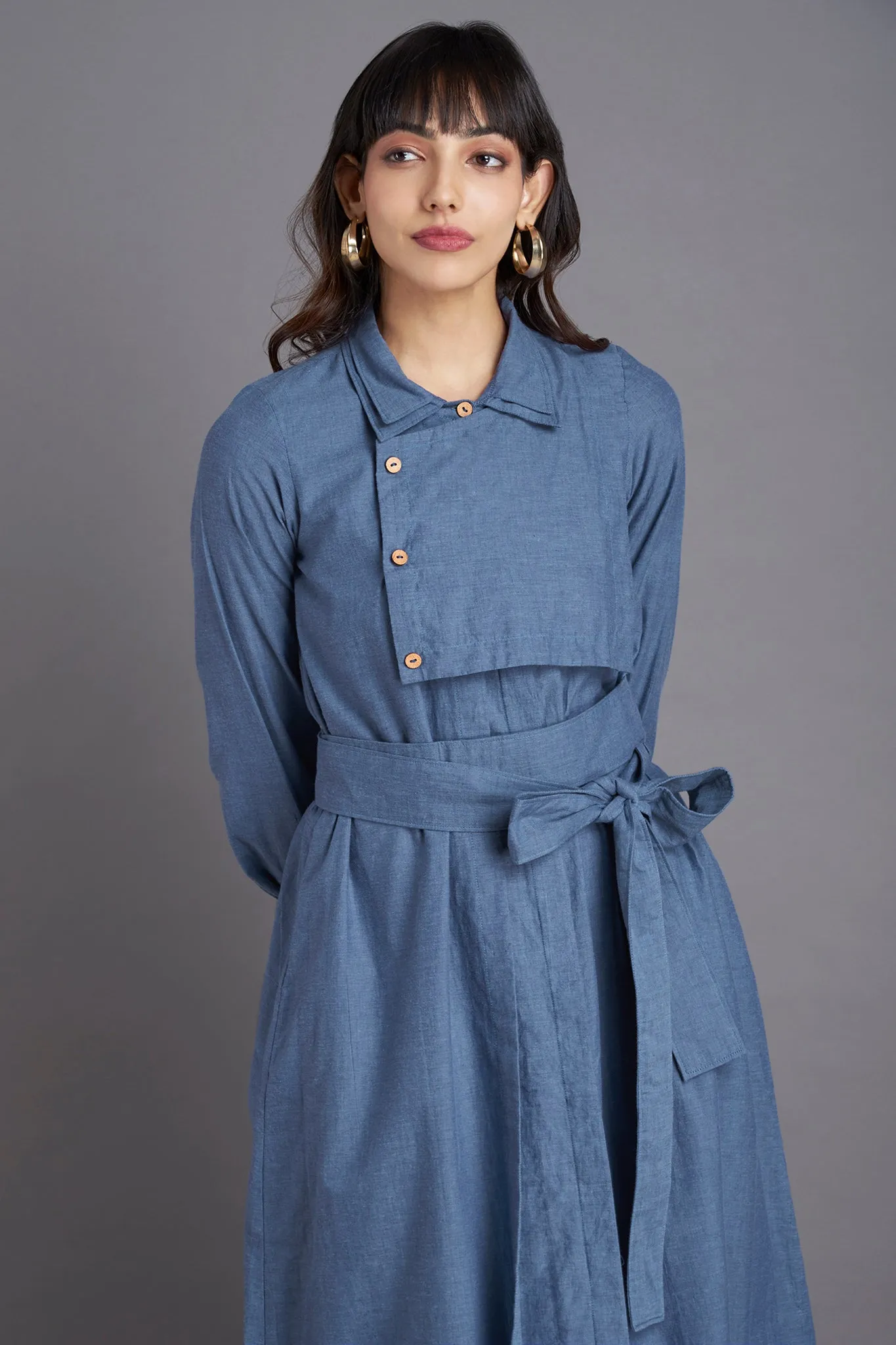 trench coat belt dress - chambray blue & misty surf