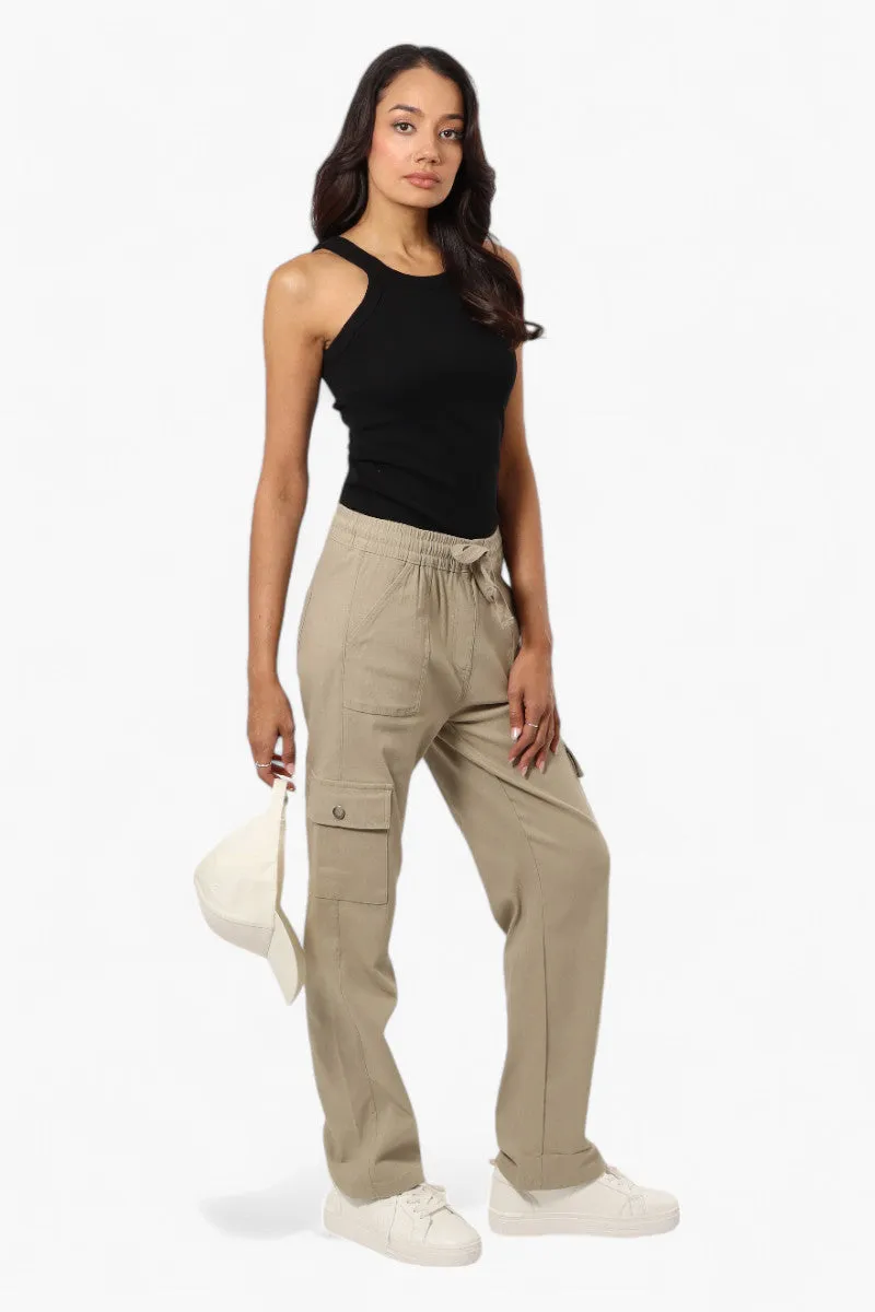 Urbanology Solid Tie Waist Cargo Pants - Beige