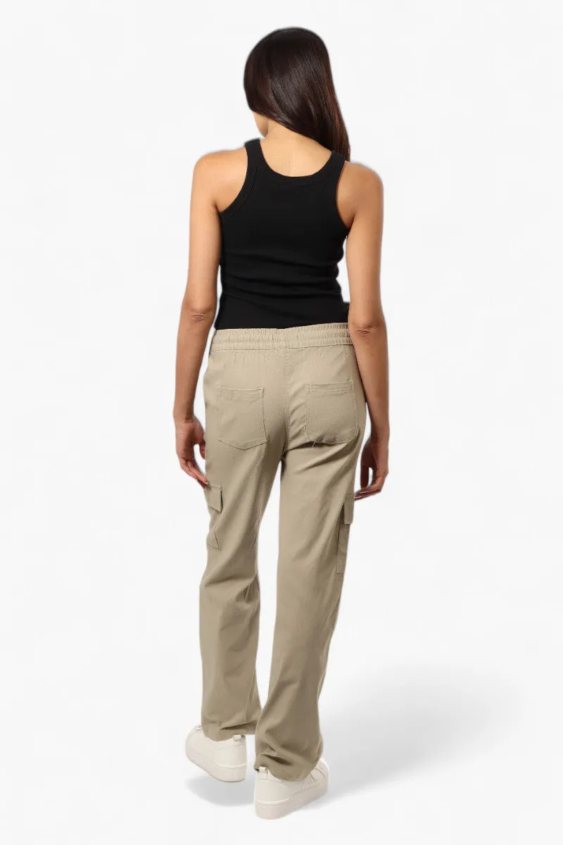 Urbanology Solid Tie Waist Cargo Pants - Beige