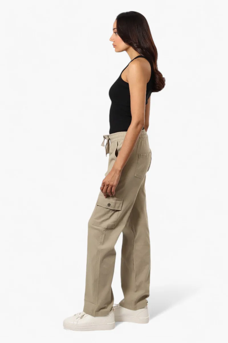 Urbanology Solid Tie Waist Cargo Pants - Beige