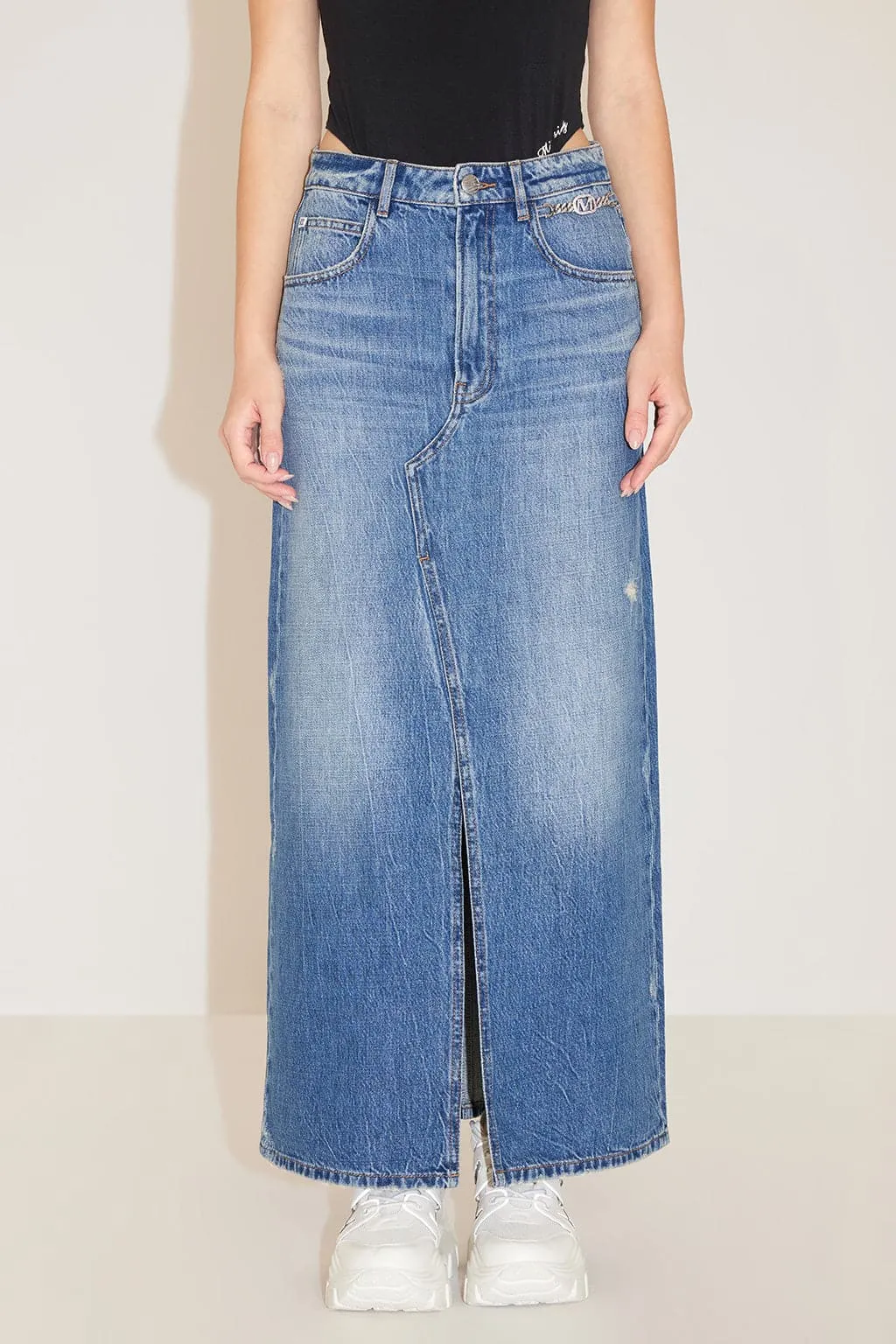 Vintage Denim Slit Maxi Skirt