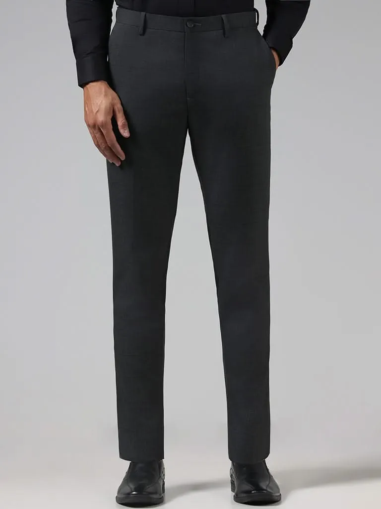 WES Formals Checked Slim Fit Grey Trousers