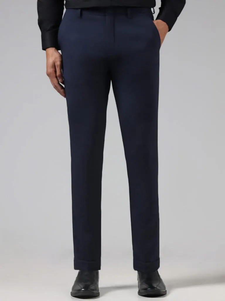 WES Formals Solid Navy Slim-Fit Mid-Rise Trousers