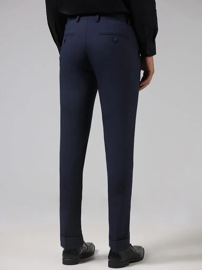 WES Formals Solid Navy Slim-Fit Mid-Rise Trousers