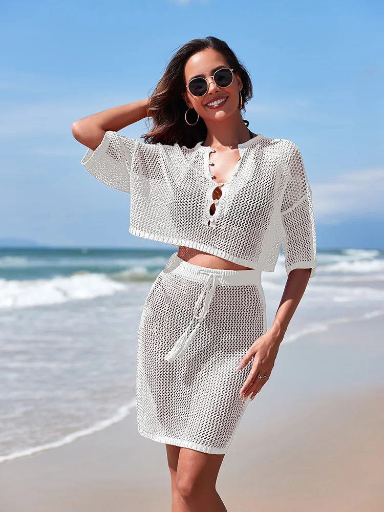 Women 2 Piece Crochet Swimsuit Cover Ups Hollow Out Knitted Coverup Beach Crop Top and Skirt Sets