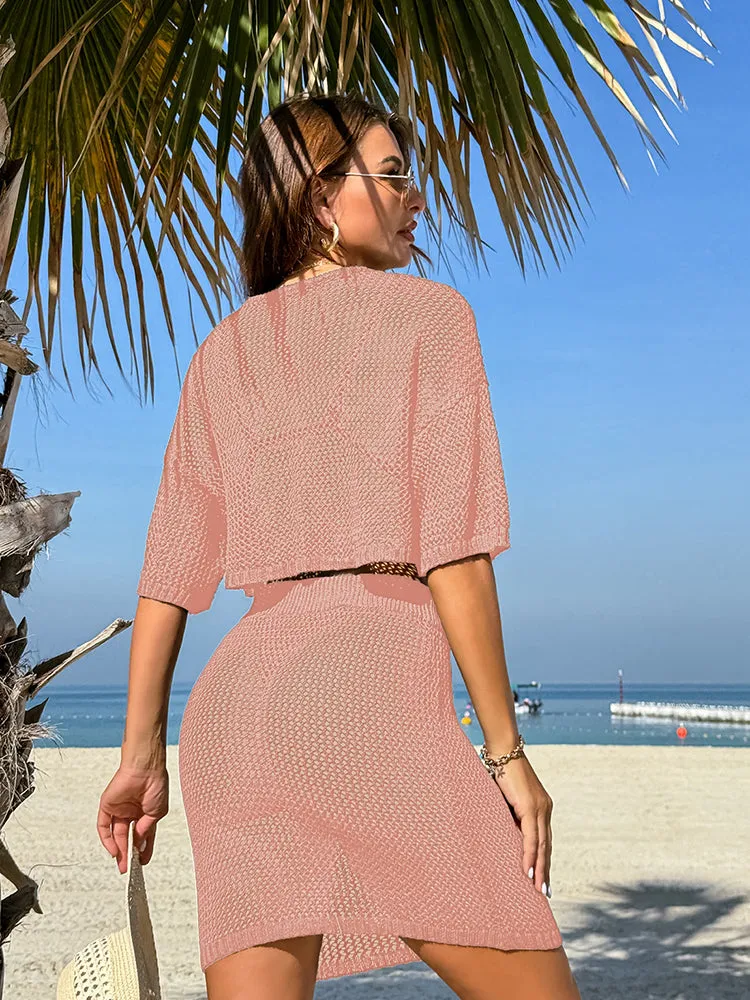 Women 2 Piece Crochet Swimsuit Cover Ups Hollow Out Knitted Coverup Beach Crop Top and Skirt Sets