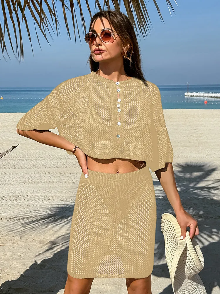 Women 2 Piece Crochet Swimsuit Cover Ups Hollow Out Knitted Coverup Beach Crop Top and Skirt Sets