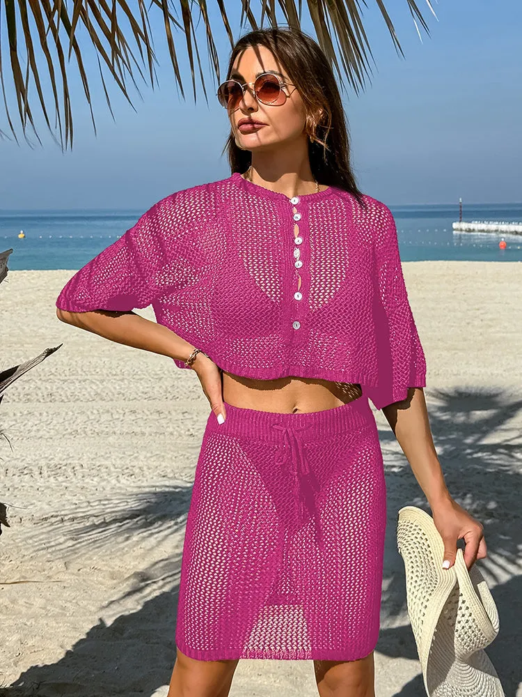 Women 2 Piece Crochet Swimsuit Cover Ups Hollow Out Knitted Coverup Beach Crop Top and Skirt Sets