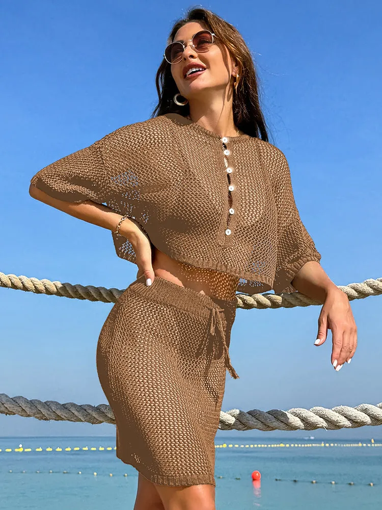 Women 2 Piece Crochet Swimsuit Cover Ups Hollow Out Knitted Coverup Beach Crop Top and Skirt Sets