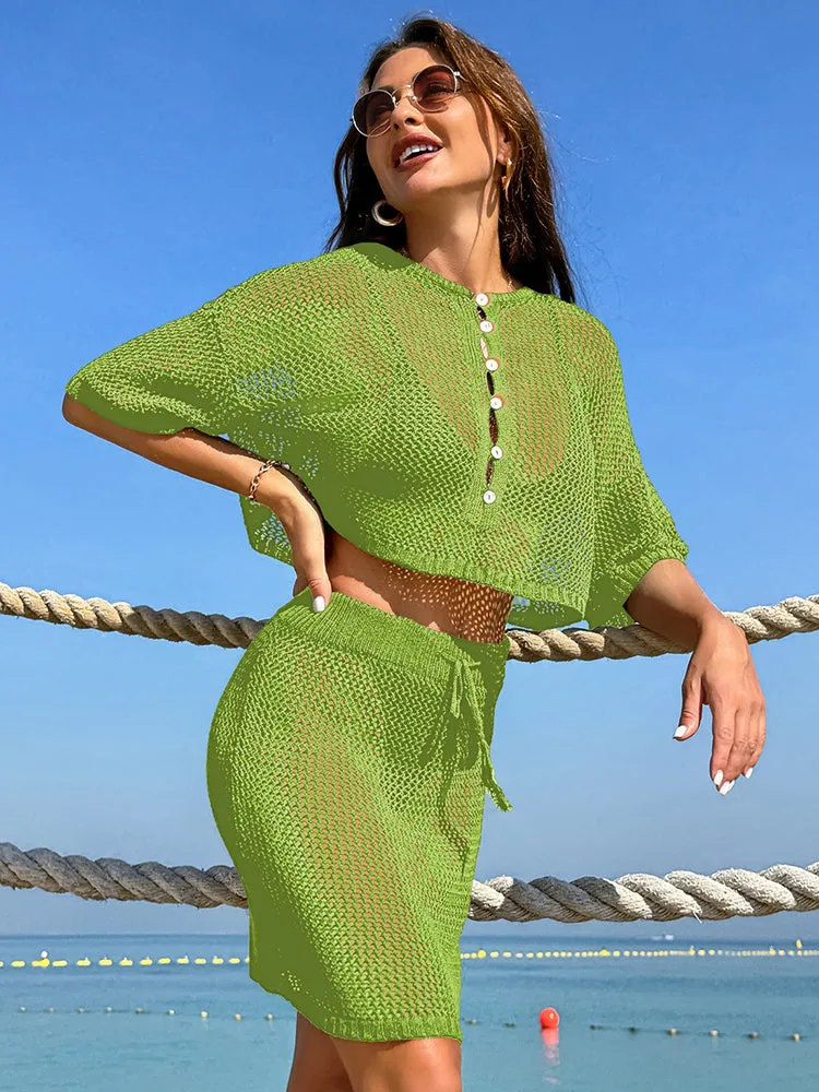 Women 2 Piece Crochet Swimsuit Cover Ups Hollow Out Knitted Coverup Beach Crop Top and Skirt Sets