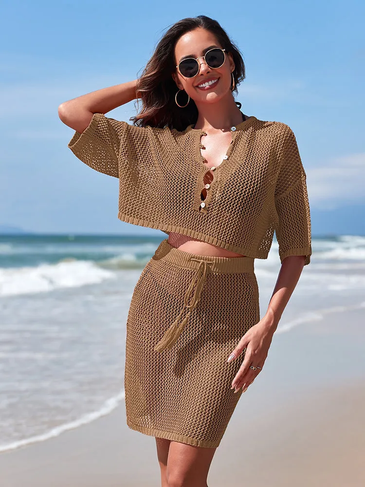 Women 2 Piece Crochet Swimsuit Cover Ups Hollow Out Knitted Coverup Beach Crop Top and Skirt Sets