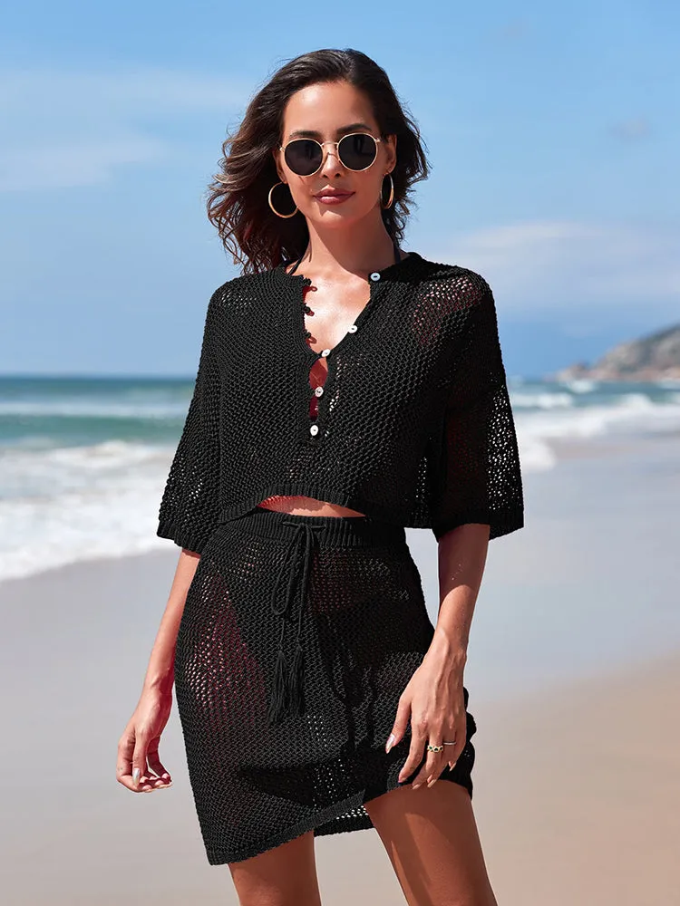 Women 2 Piece Crochet Swimsuit Cover Ups Hollow Out Knitted Coverup Beach Crop Top and Skirt Sets