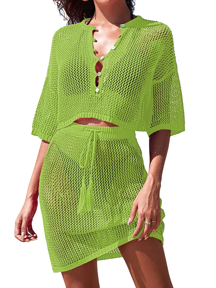 Women 2 Piece Crochet Swimsuit Cover Ups Hollow Out Knitted Coverup Beach Crop Top and Skirt Sets