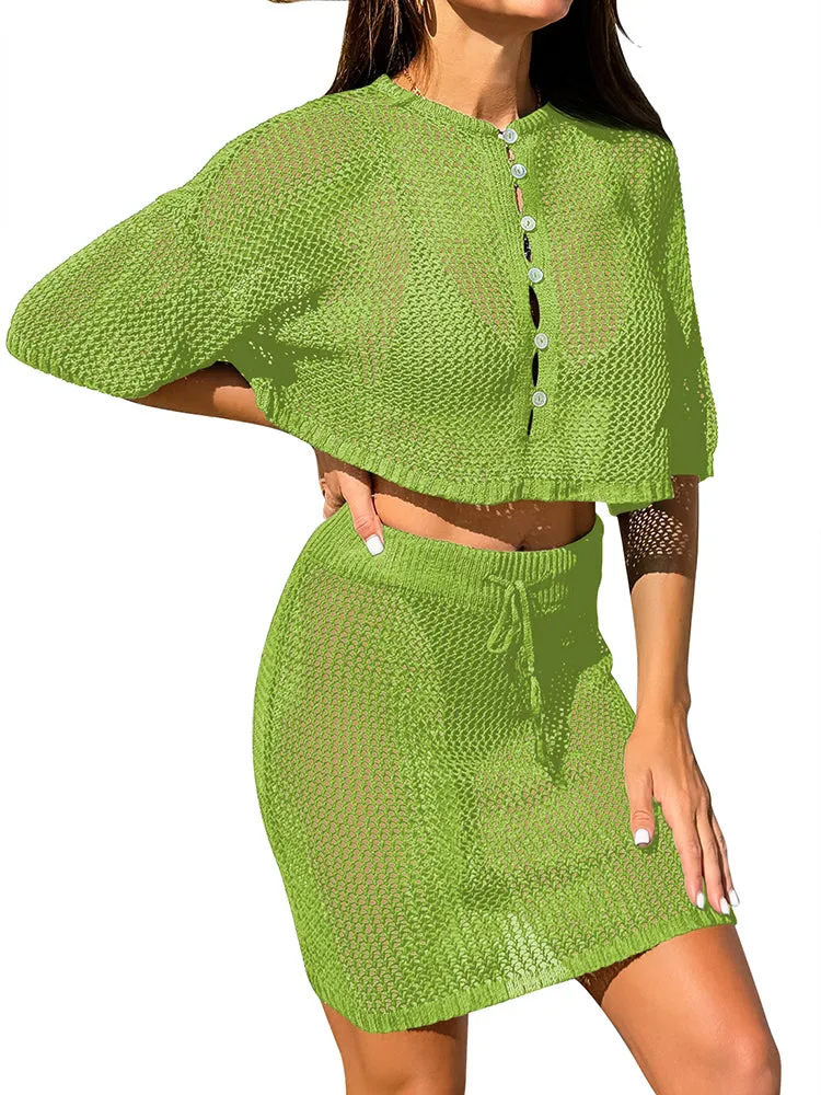 Women 2 Piece Crochet Swimsuit Cover Ups Hollow Out Knitted Coverup Beach Crop Top and Skirt Sets