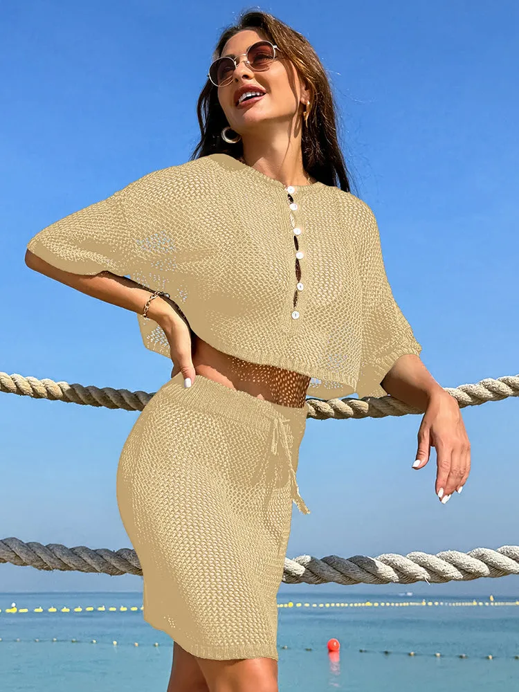 Women 2 Piece Crochet Swimsuit Cover Ups Hollow Out Knitted Coverup Beach Crop Top and Skirt Sets