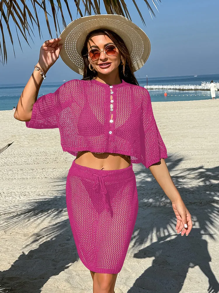 Women 2 Piece Crochet Swimsuit Cover Ups Hollow Out Knitted Coverup Beach Crop Top and Skirt Sets