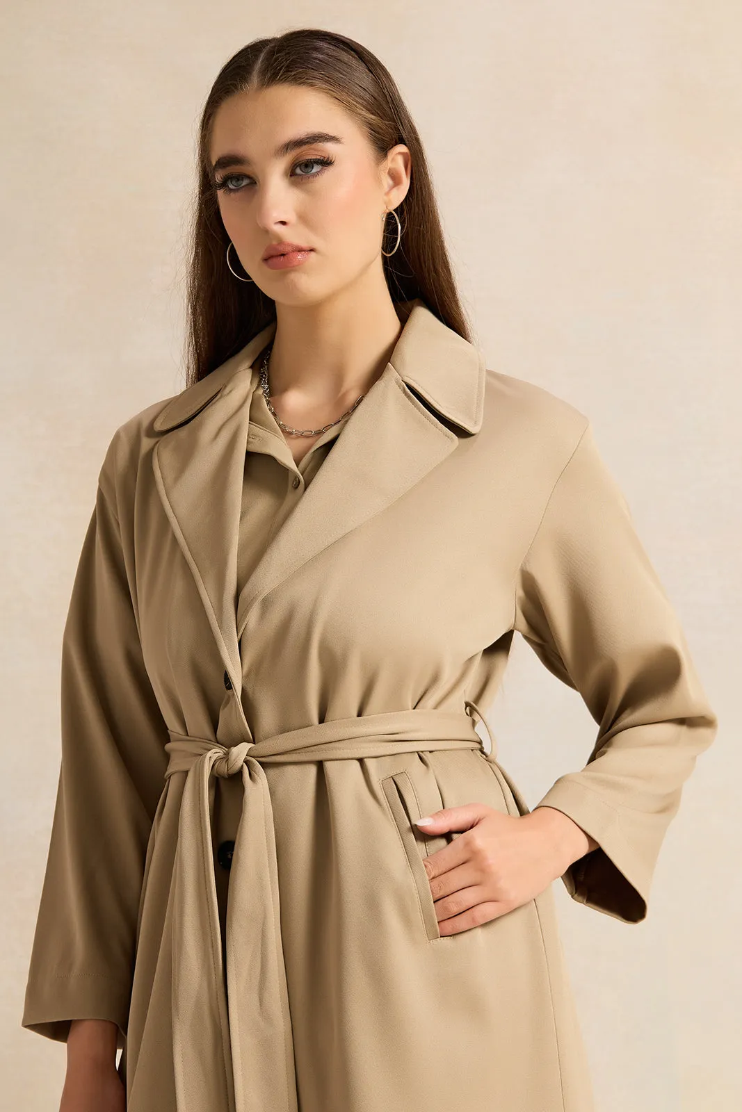 Women Beige Belted Trench Coat