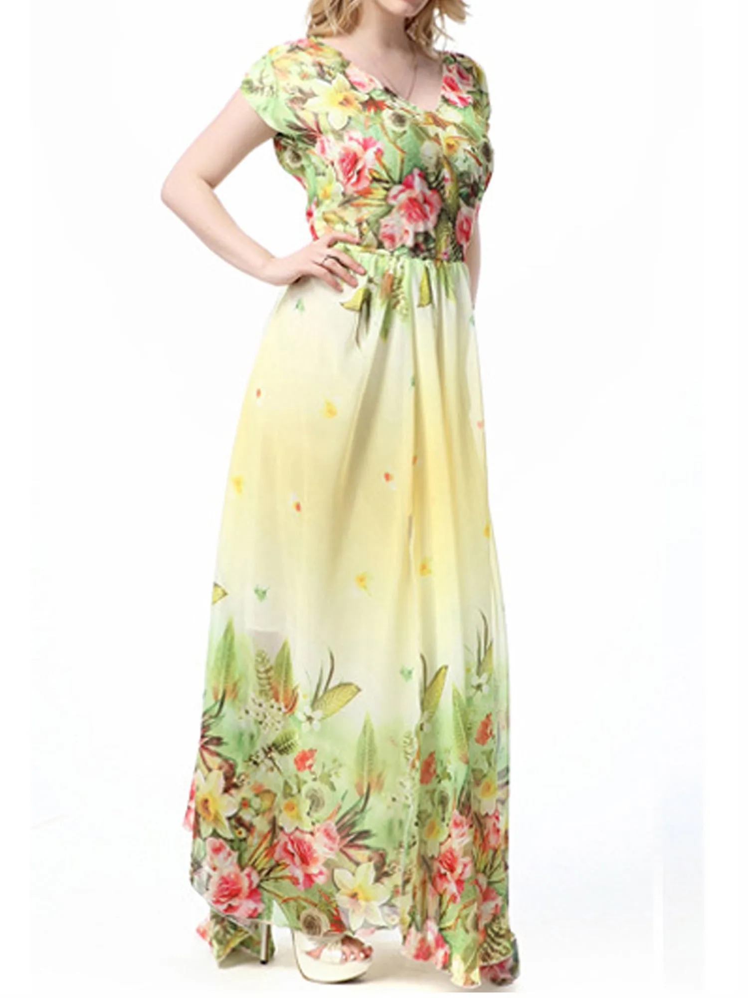 Women Flower Blossom Short Sleeve Maxi Dress - UWD396