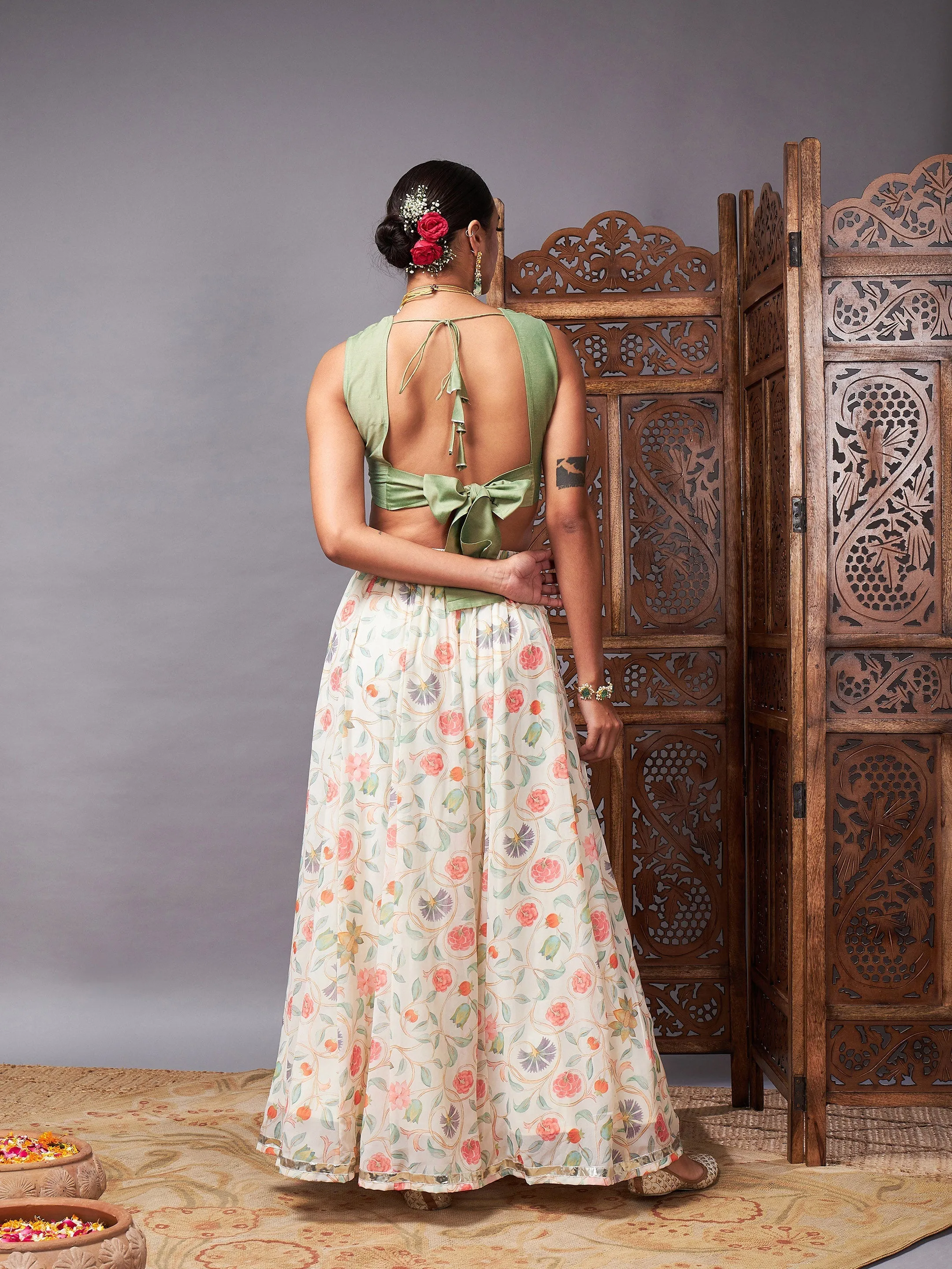 Women Green Crop Top With Beige Floral Anarkali Skirt