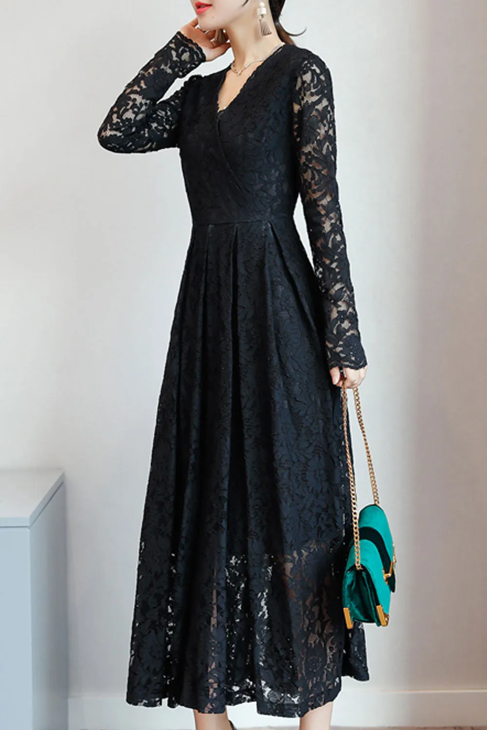 Women Lace Decorated Long Sleeve Dress - C2281JPD