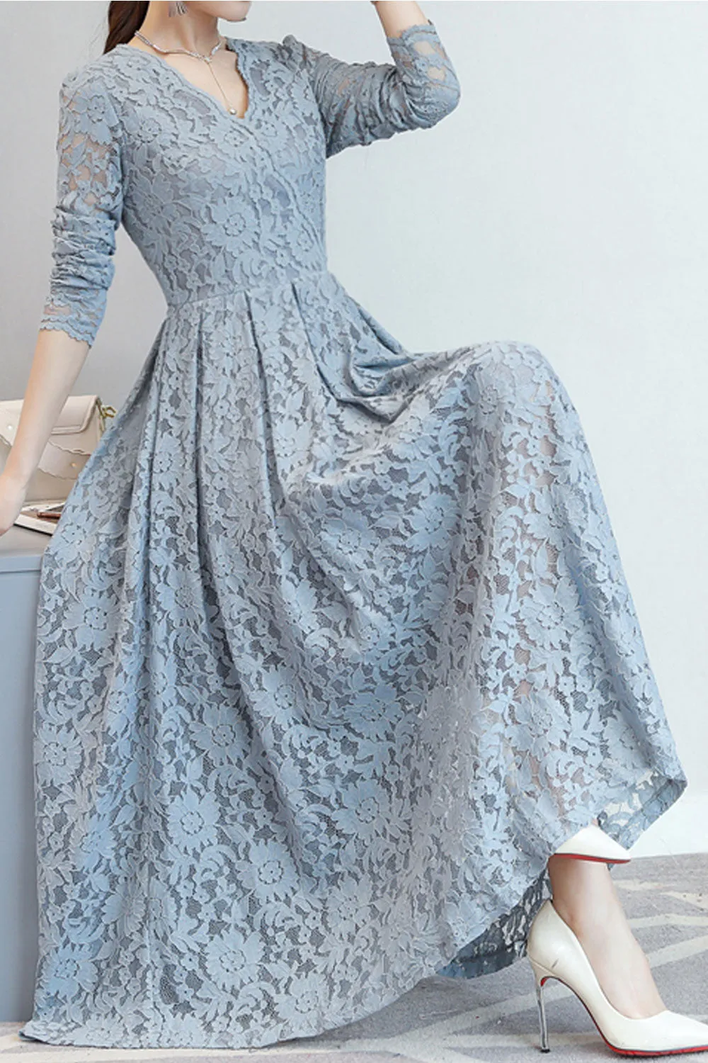 Women Lace Decorated Long Sleeve Dress - C2281JPD